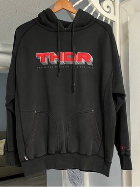 Vintage Y2K THOR MX Black Hoodie Embroidered Red THOR Chest Logo Size M